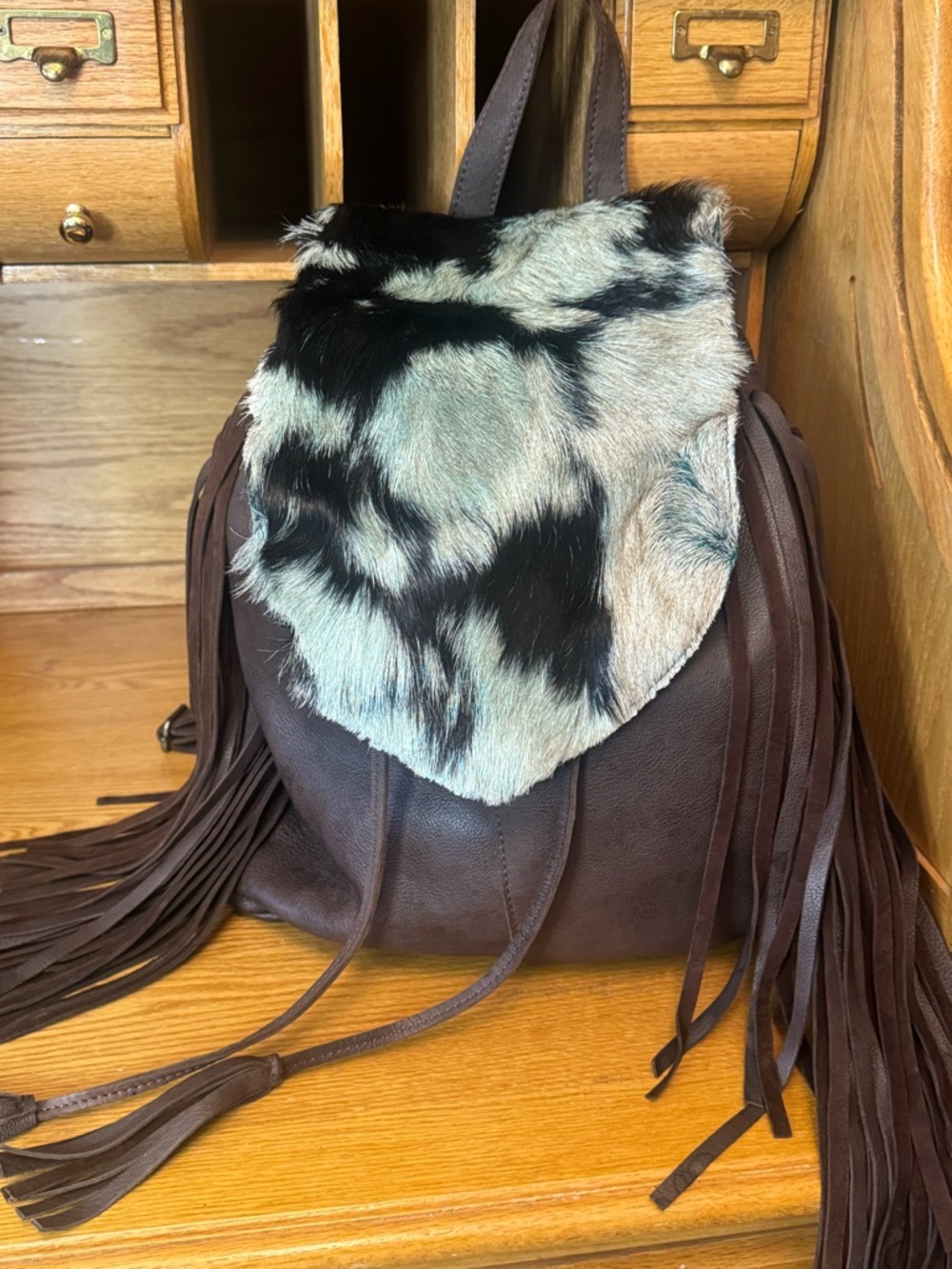 American Darling Brown Leather Western Backpack with Hair on Hyde Trim